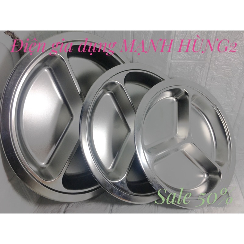 Khay inox Tròn đựng cơm thức ăn 3 ngăn (gồm 3 kích cỡ 24cm-26cm-28cm) [ Mua khay khuyến mại muỗng]