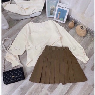 Set chân váy tennis nâu + áo gân tay dài đắp chéo