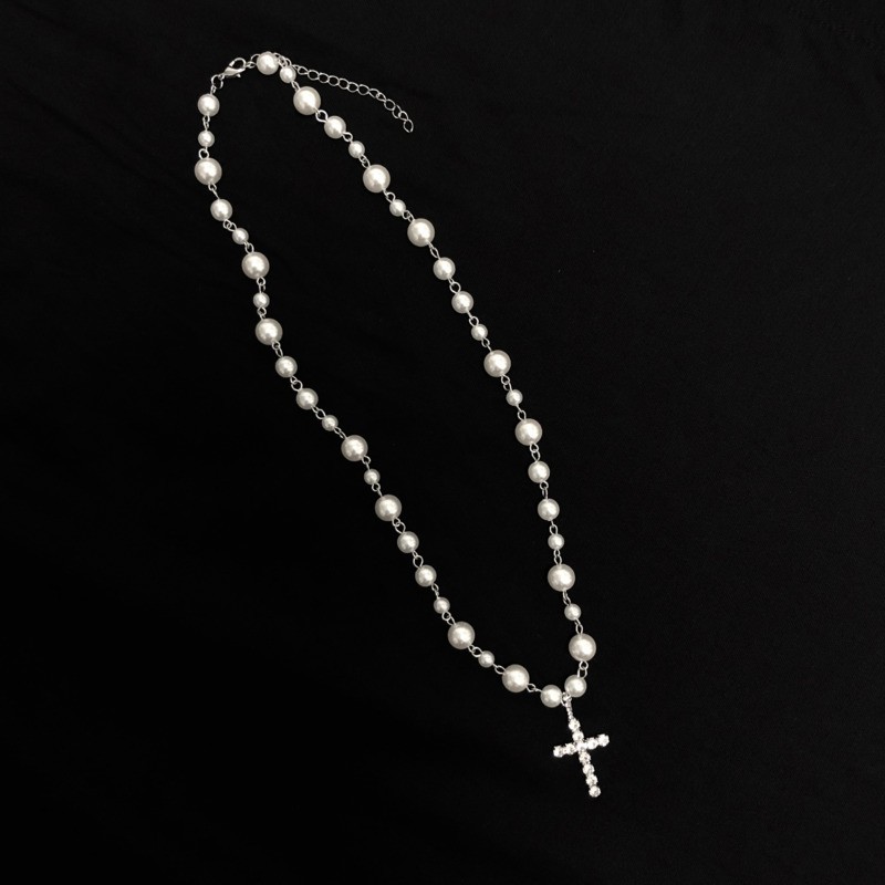 Dây Chuyền Mặt Chữ Thập Đính Ngọc Trai Phong Cách Hip Hop