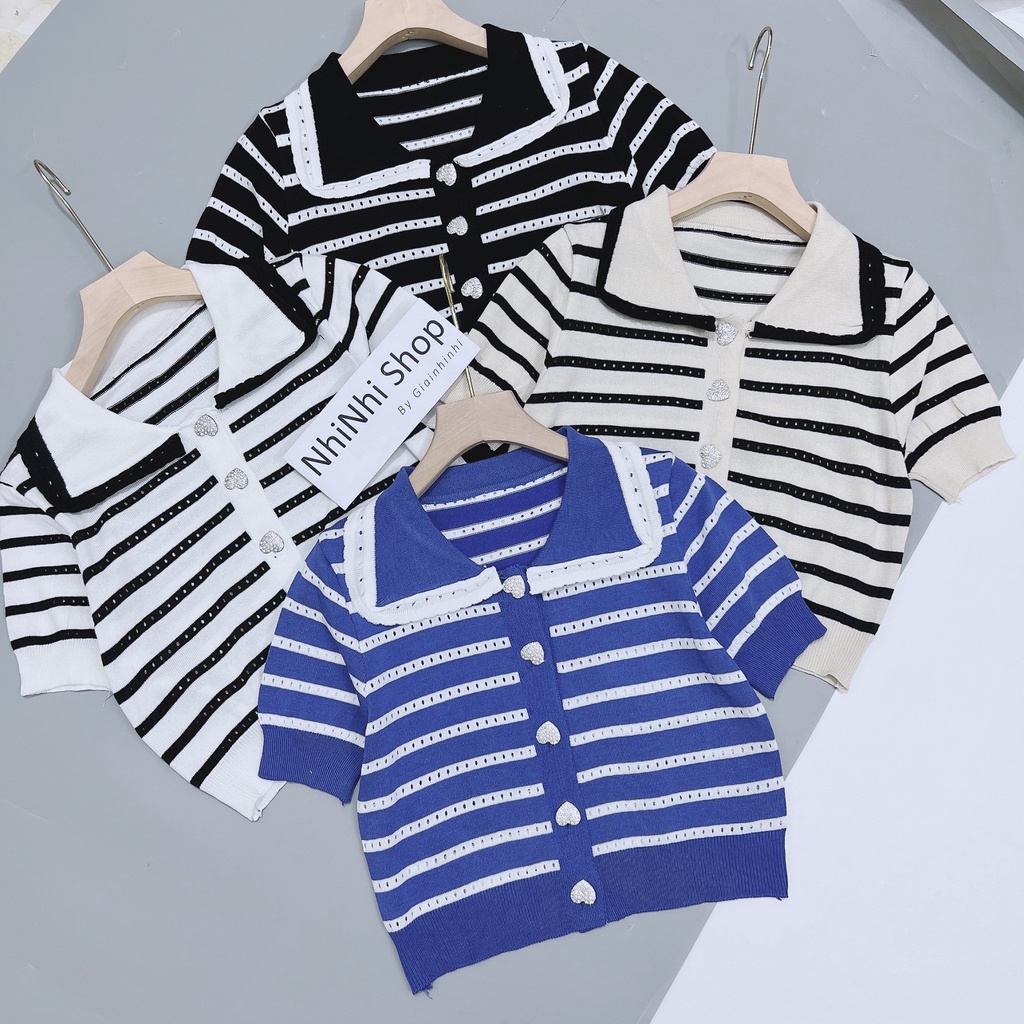 Xả hàng - Áo len ngắn tay cúc đá kẻ sọc ngang cổ sen bo tay AL8035 - NhiNhi Shop