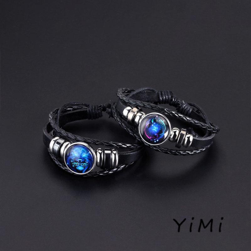 Vòng tay dây da nhiều lớp phối mặt hình 12 cung hoàng đạo cá tính thời trang