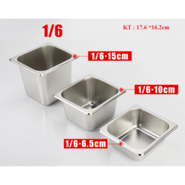 Combo 5 Khay Inox Đựng Thạch Topping Đựng Thực Phẩm Vuông GN 1/6 (Có Nắp