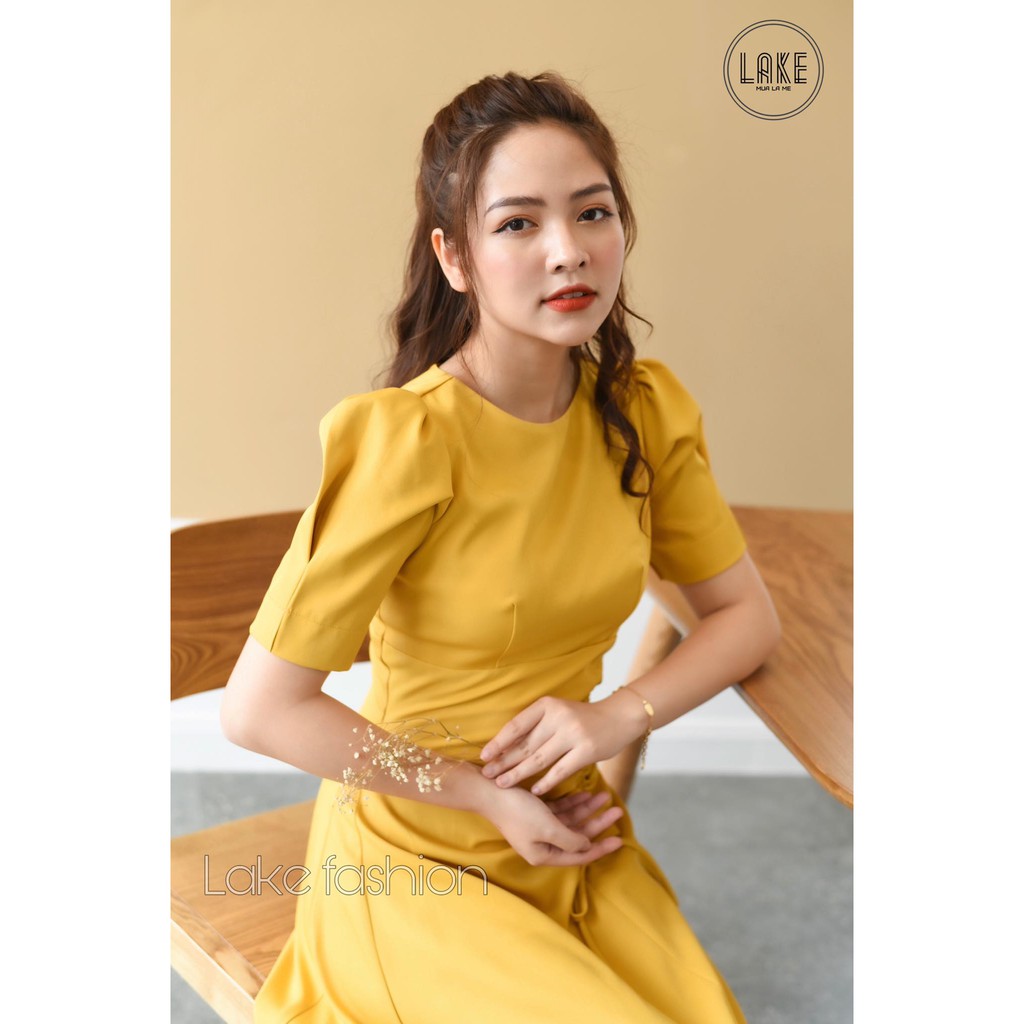 Váy,đầm tay bồng rút eo che bụng lake fashion màu vàng