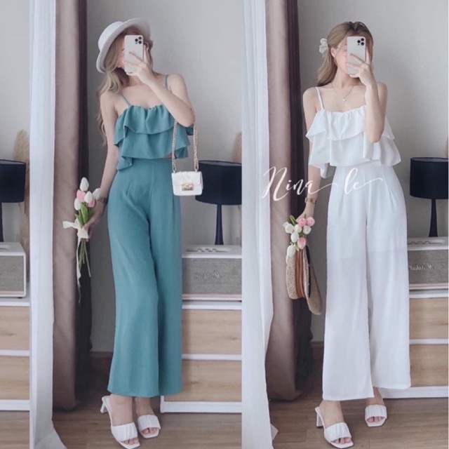 Set bộ áo hai dây bèo tầng mix quần suông ống rộng siêu đẹp su lina mh pl om hv