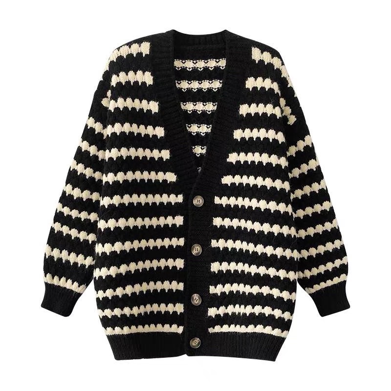 Áo len cardigan sọc ngang trắng đen viền nổi chất len dày ulzzang form rộng dáng vừa thích hợp thu đông