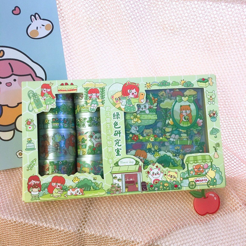 Hộp Washi Tape Cute Bóng Sticker Dễ Thương Trong Suốt Họa Tiết Cô Bé Đáng Yêu Hình Dán Trang Trí Sổ Bullet Takenote