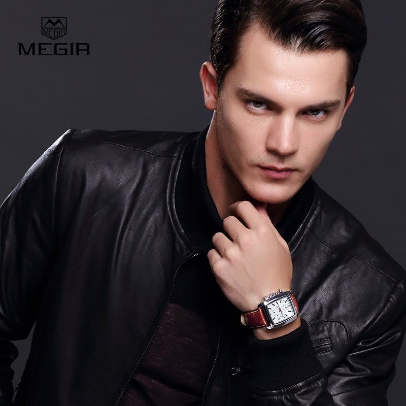MEGIR 2028 Men's Sports Chronograph Men's Quartz Watches Genuine Leather Waterproof