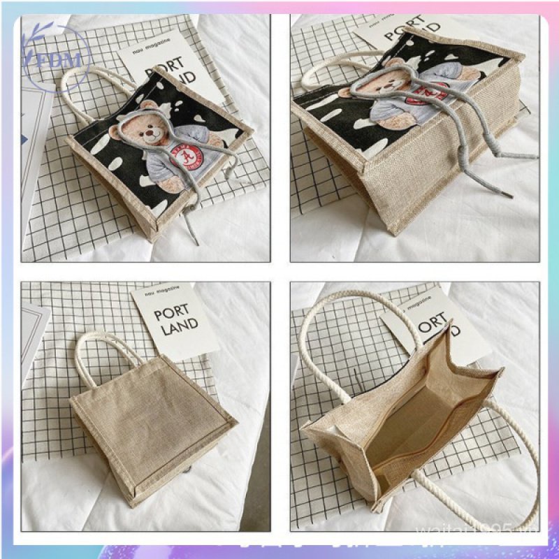 Túi xách tay bằng vải canvas in hình gấu dễ thương cho nữ