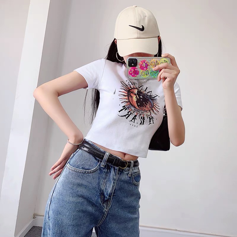 Áo tay ngắn croptop cute ulzzang cổ tròn hoạ tiết dễ thương cho nữ