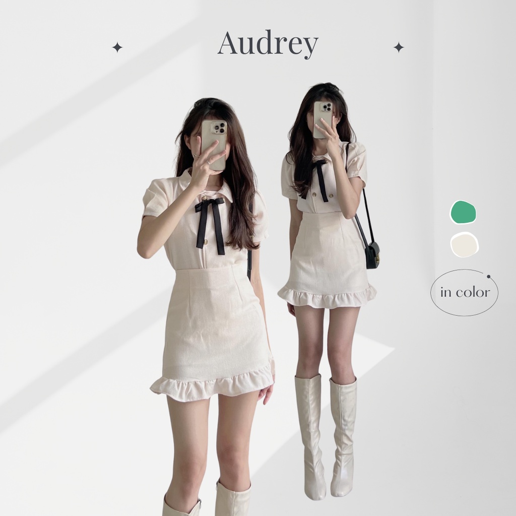 S6818 Set đồ nữ AUDREY áo ngắn tay bồng kèm nơ vải tweed mix chân váy đuôi cá mini có quần trong