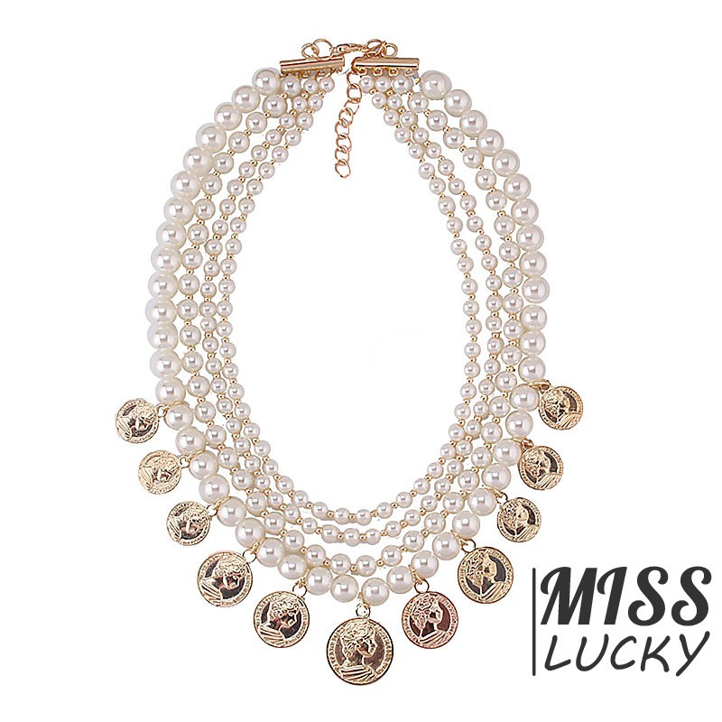 Vòng cổ chuỗi hạt ngọc trai nhân tạo nhiều lớp phối mặt kim loại phong cách cá tính cho nữ