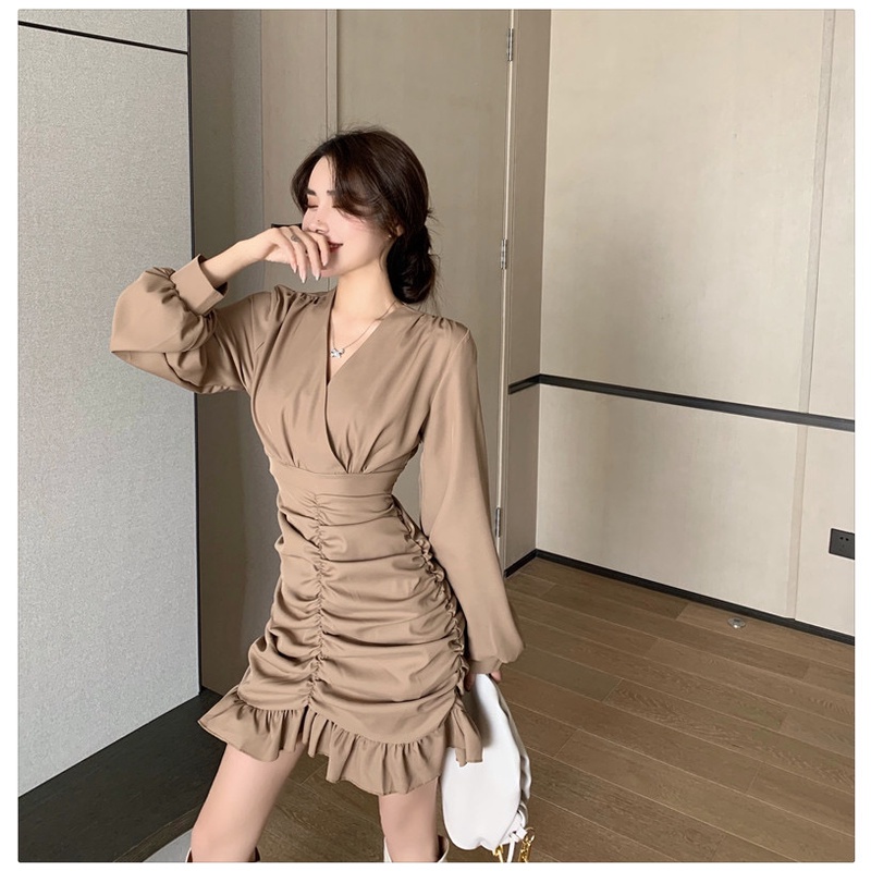 Đầm Dài Tay Xếp Ly Không Đồng Đều Phong Cách Hàn Quốc Thời Trang Cho Nữ