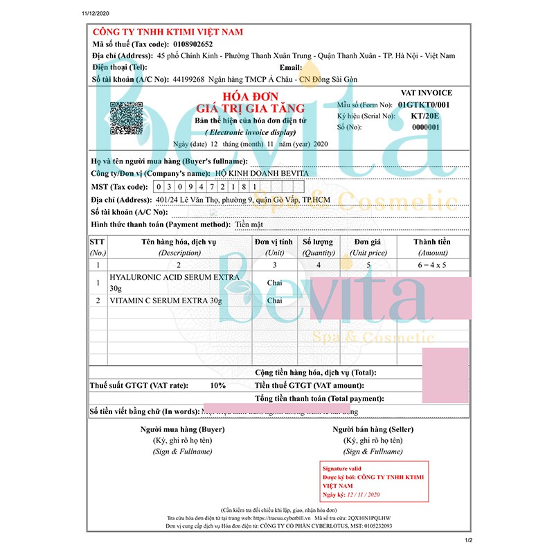 Serum dưỡng trắng KTIMI Vitamin C Serum 30ml, serum trắng da mờ thâm đều màu da - Bevita