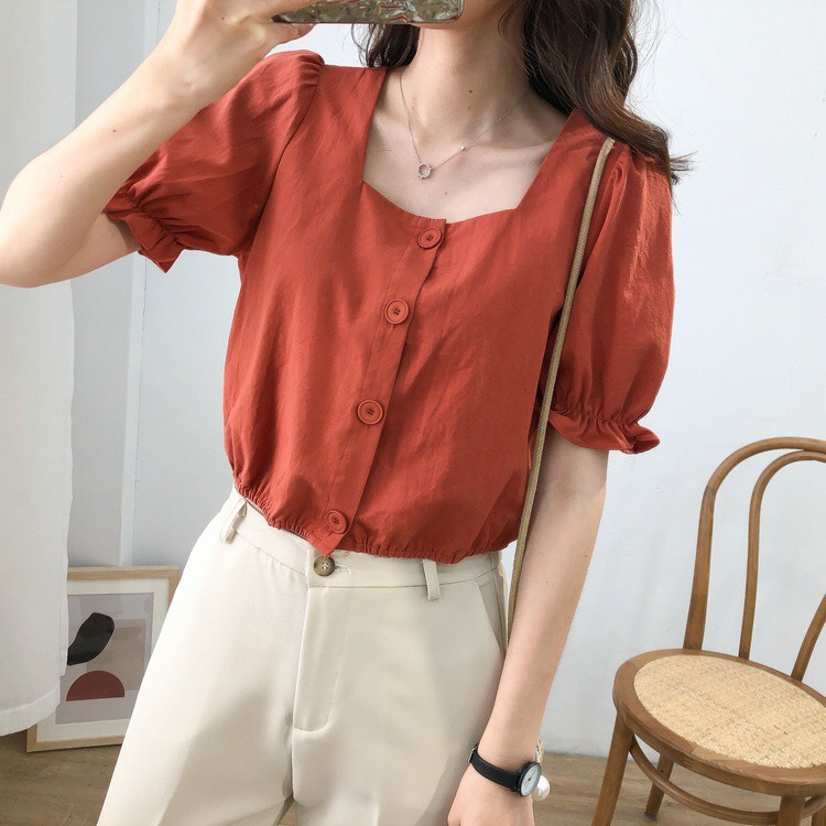 Áo croptop nữ tay phồng áo tay ngắn dễ thương