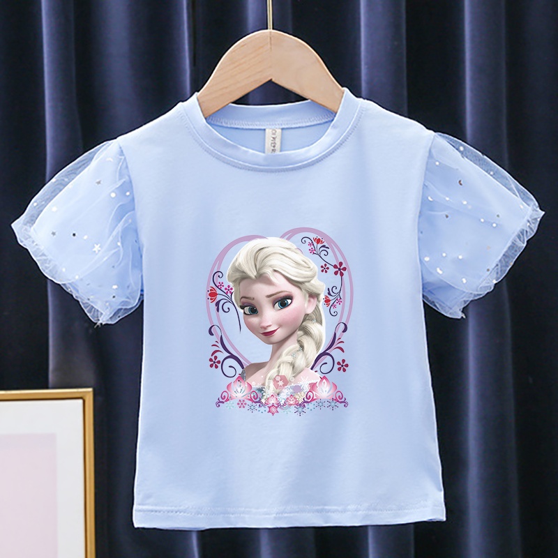 Áo Thun Tay Phồng 100% Cotton Thoáng Khí In Họa Tiết Hoạt Hình Elsa Xinh Xắn Cho Bé Gái