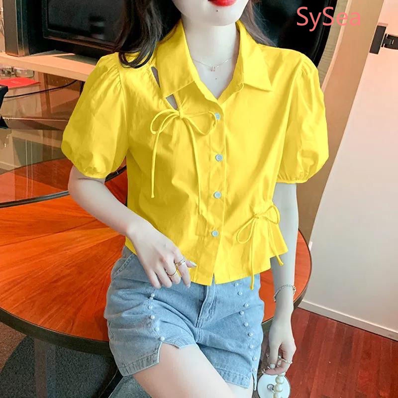 Áo Kiểu Phối Dây Rút Đính Nơ Xinh Xắn Thời Trang Mùa Hè Cho Nữ