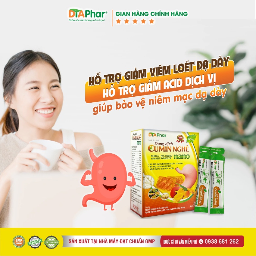 Dung dịch uống Cumin Nghệ Nano DTAPhar Hỗ trợ Dạ Dày giảm ACID Hộp 20 gói