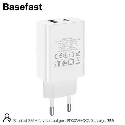 Củ Sạc Nhanh 20w 2 Cổng (USB &amp; Type C) Basefast B65A PD20W + QC 3.0 - Hàng Chính Hãng - Bảo Hành 12 Tháng