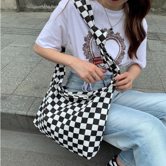 Túi tote đeo chéo nam nữ caro vải canvas phong cách ulzzang unisex đi học đi chơi