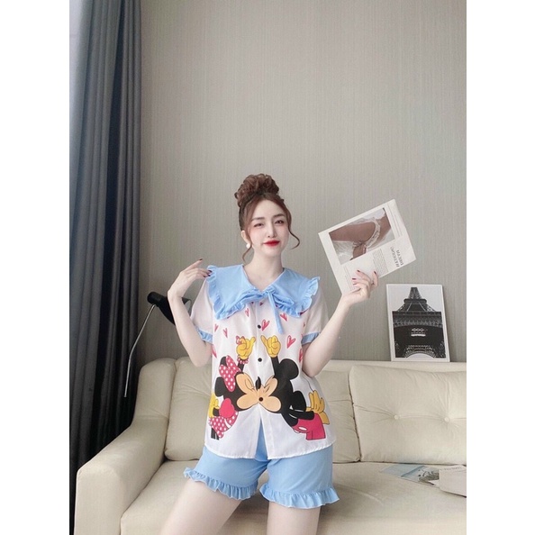 Set đồ bộ nữ cổ bèo nơ mặc nhà pijama vải lụa hàn mát mịn