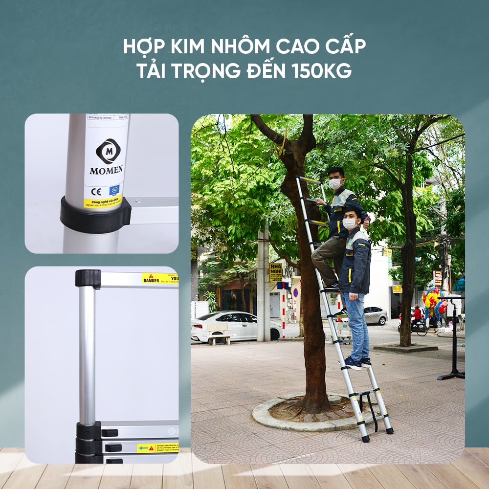 Thang nhôm rút đơn MOMEN 3.2m đến 5m có đế cao su chống trượt hàng chính hãng bảo hành 12 tháng