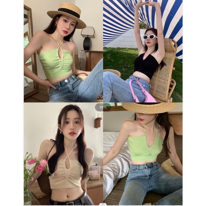 HUANG YOYO Áo Croptop Hai Dây Màu Sắc Trơn Phong Cách Hàn Quốc Gợi Cảm