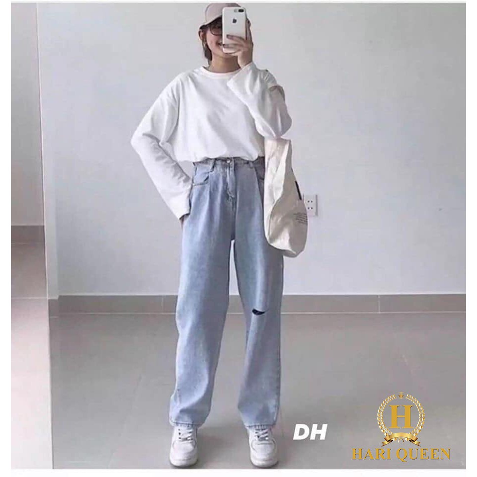 Quần bò ống rộng rách 1 gối