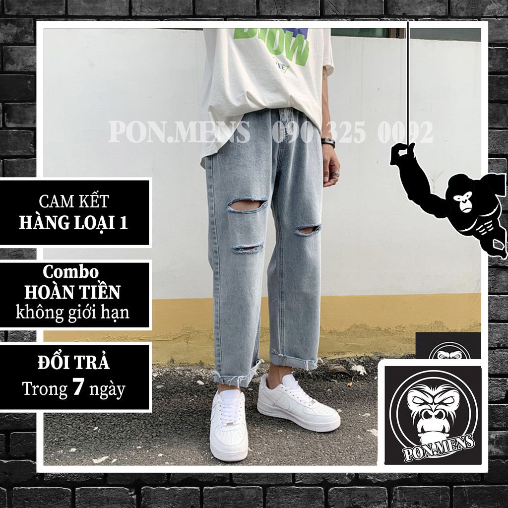Quần bò baggy nam nữ ống rộng rách gối mới t25 2021 Pon.mens | BigBuy360 - bigbuy360.vn