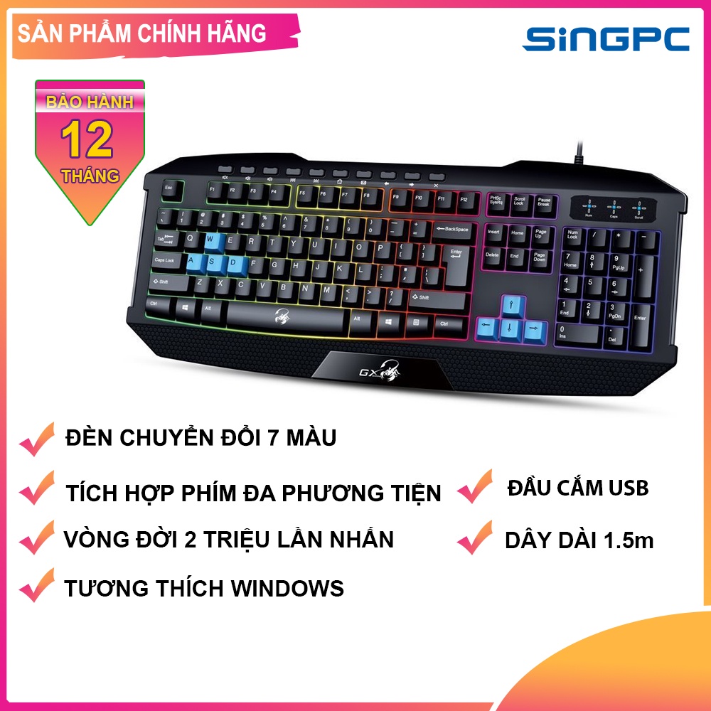 Bàn phím Gaming Genius Scorpion K-215 LED 7 màu, phím đa phương tiện, dây 1.5m - Hàng chính hãng