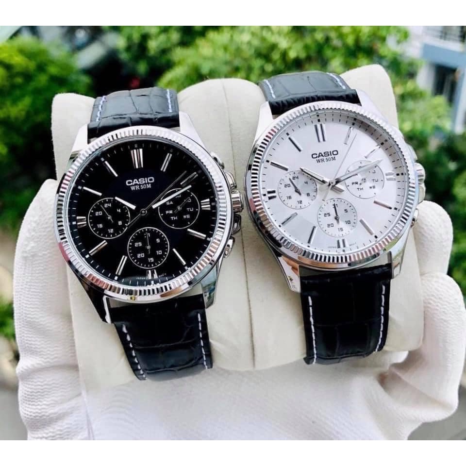 Đồng hồ Nam Casio MTP-1375L, đồng hồ chính hãng, dây da đen mặt thể thao chạy 6 kim