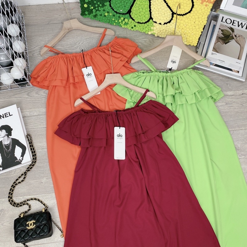Váy maxi trễ vai 2 dây cánh tiên ngang vai chun bèo dáng dài babydoll suông thụng xoè bệt vai