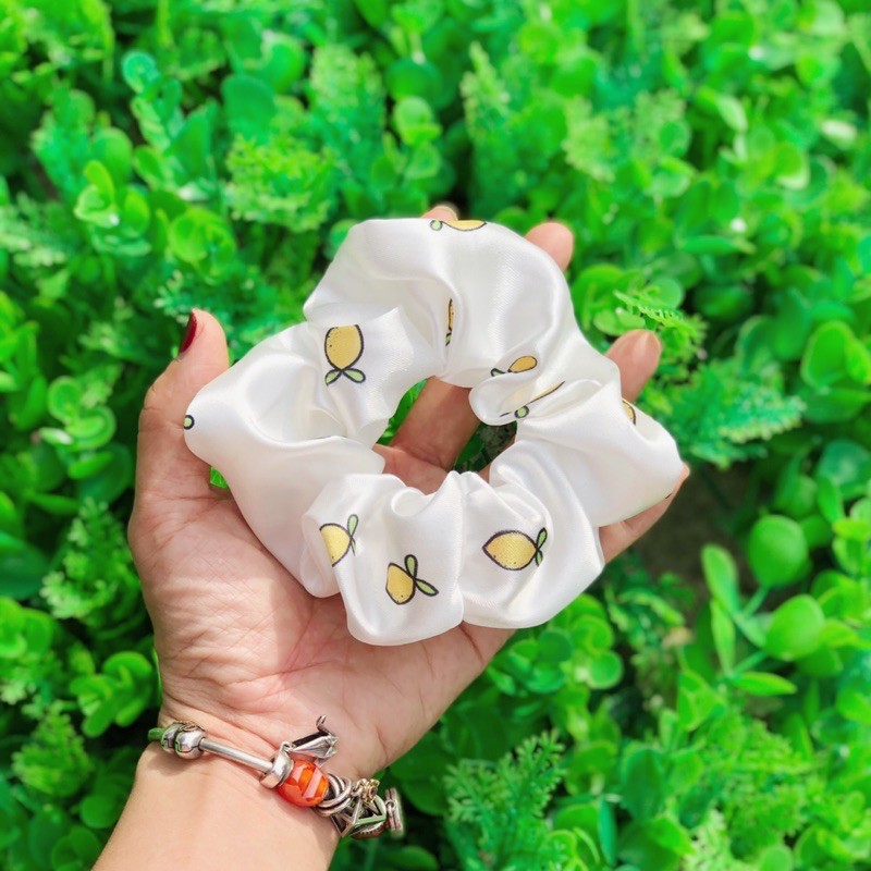 Buộc tóc SCRUNCHIES vải phi bóng hoạ tiết trái cây bơ đào dâu dưa hấu cherry siêu hot