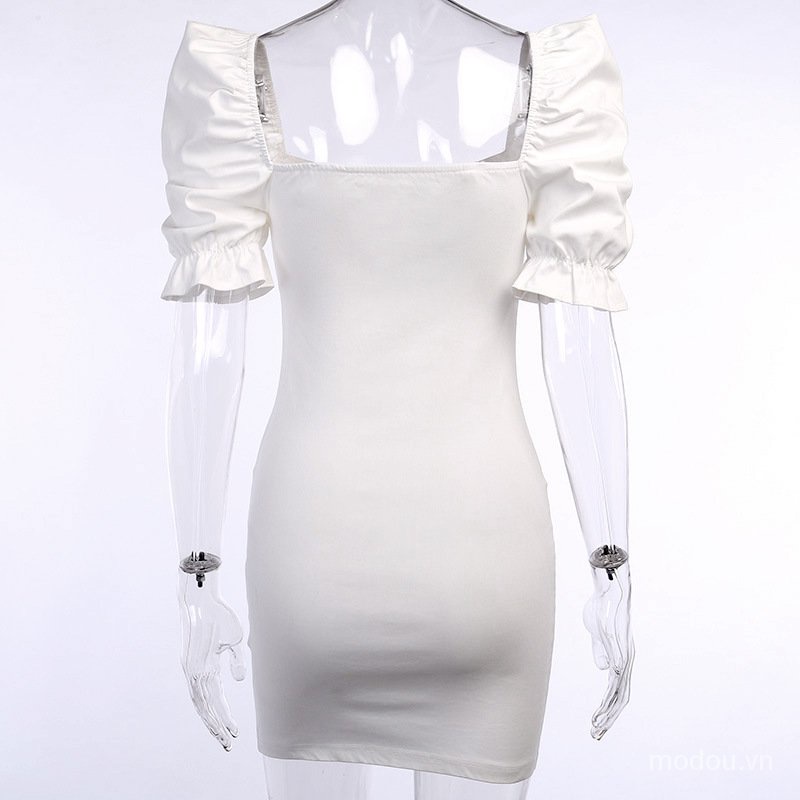 Đầm ôm tay ngắn cổ chữ V màu trơn thời trang quyến rũ cho nữ