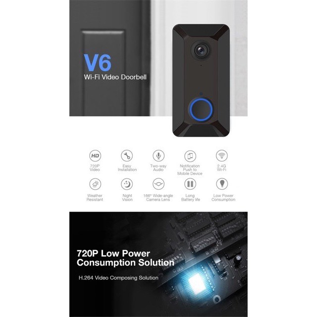 V6 Wifi Chuông cửa không dây thông minh 720p Video Camera lưu trữ đám mây chuông cửa Cam Chống Nư