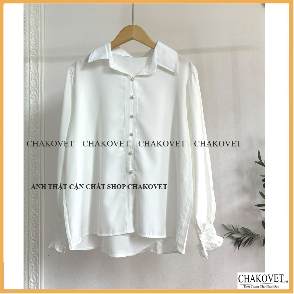 Áo sơ mi nữ dài tay công sở CKA862, áo kiểu nữ màu trắng cúc ngọc tay bo chun style hàn quốc freesize <53kg cực xinh | BigBuy360 - bigbuy360.vn