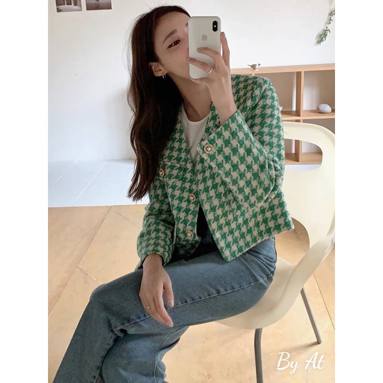 Áo khoác ngoài nữ, áo vest nữ chất dạ tweed màu ngọc xanh