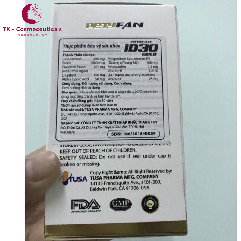 Viên Uống Trắng Da Chống Nắng ID30 / ID 30 Petyfan Gold - Hộp 30 Viên