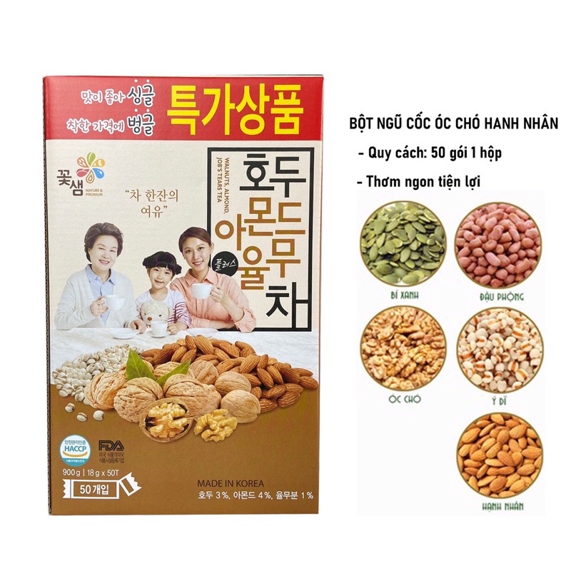 Bột ngũ cốc dinh dưỡng hạt hạnh nhân óc chó Hàn Quốc (hộp 50túi x 18gam)