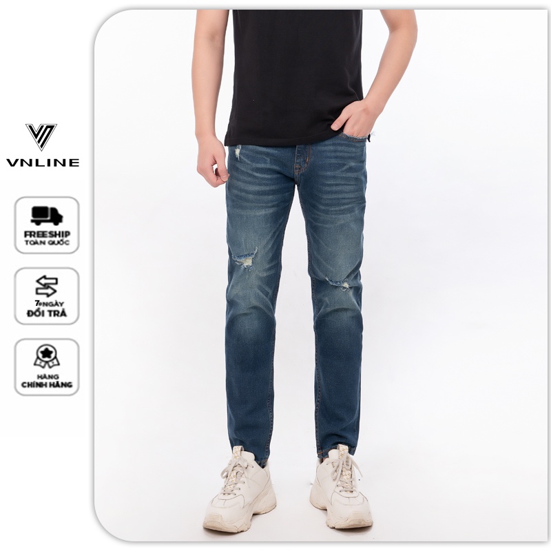Quần jeans nam xước gối dáng dài màu xanh vnline - QJZRS721