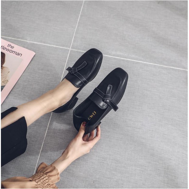 PAMELA  - Giày Loafer Nữ Mũi Vuông Phong Cách Hàn Quốc Phối Nơ Lệch 2021 (5cm) - Gi04