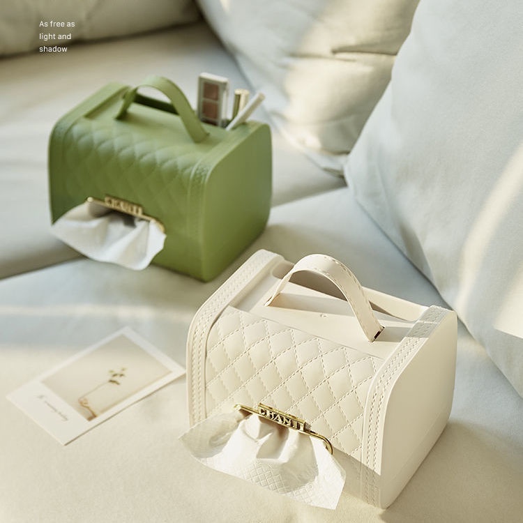 Hộp đựng khăn giấy dạng rút hình túi xánh có quai và khe đựng vật dụng cá nhân tiện lợi