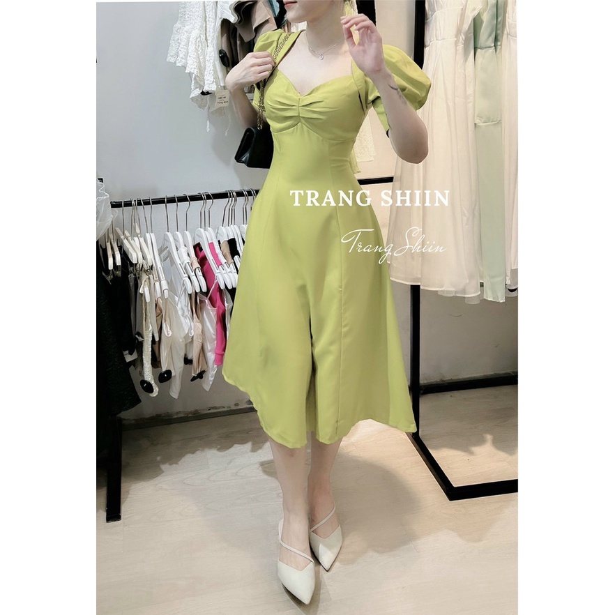 Đầm midi nhíu ngực tay phồng nhẹ nhàng,nữ tính