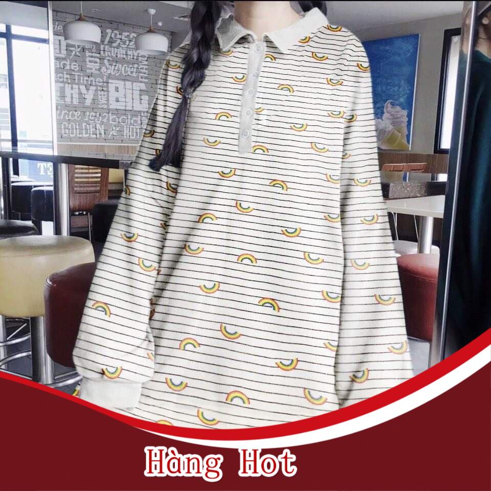 Áo Sweater Polo Nỉ Cổ Trụ Cầu Vồng Nam Nữ Unisex Form Rộng Ulzzang
