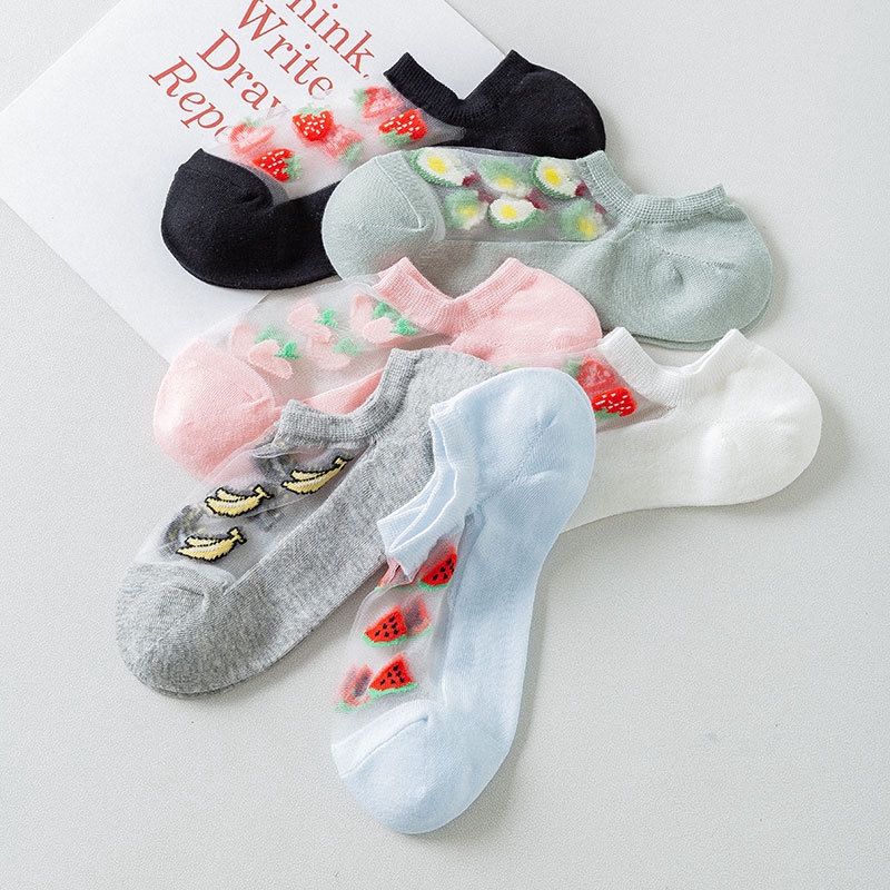 Cute Fruits Pattern Sweet Socks Women Summer Korean Cool Ultra-thin Silk Crystal Transparent Lace Mesh Cotton Sole Low Cut Socks