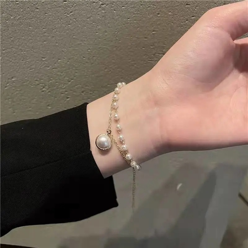 Vòng Tay Hai Lớp Đính Hạt Ngọc Trai Nhân Tạo Màu Vàng Bạc Thời Trang Hàn Quốc