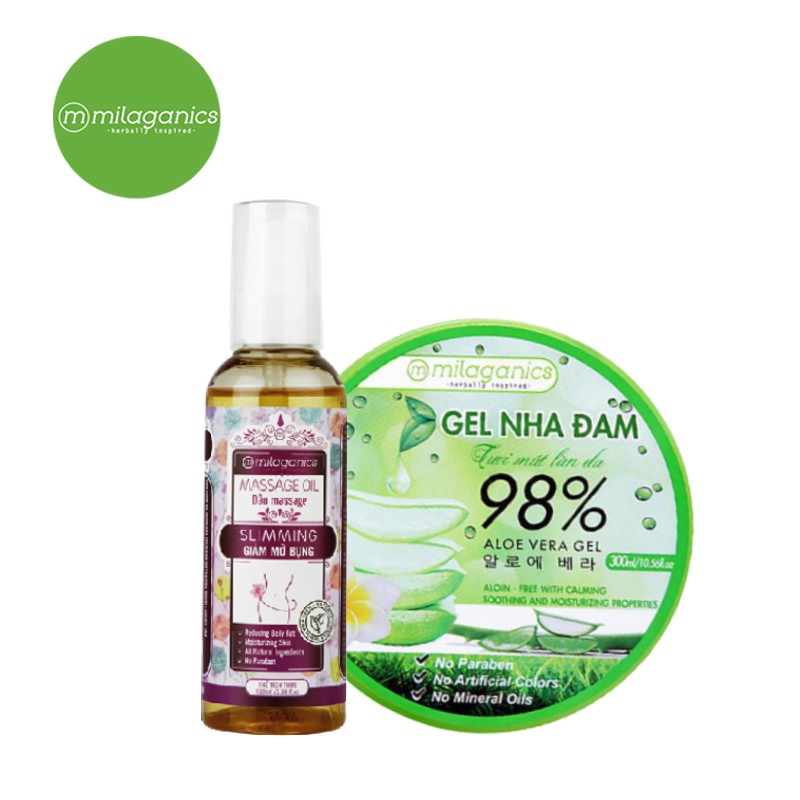 Combo Dầu Massage giảm mỡ 100ml + Gel Nha đam 300ml Milaganics
