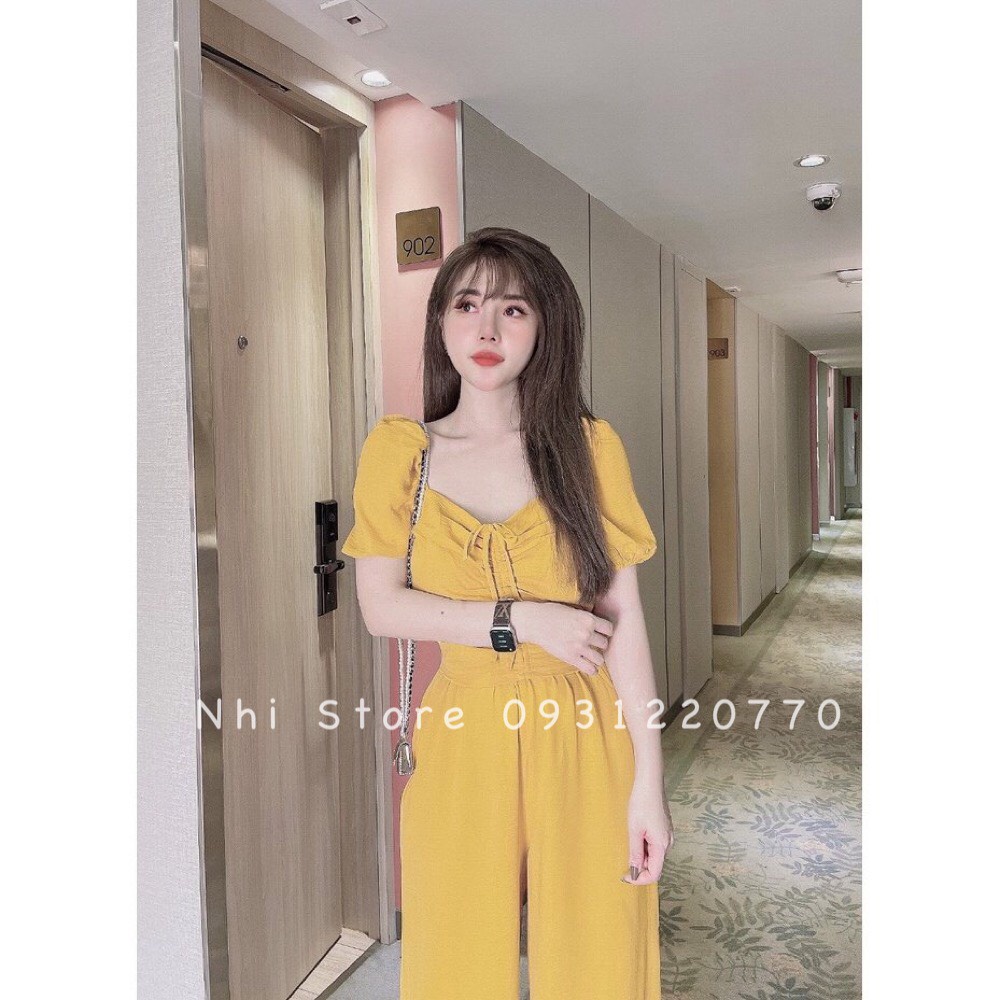 [FREESHIP 50K] Set Bộ Kiểu Nữ NHISTORE Quần Dài Ống Rộng Áo Croptop Cổ Vuông tay Phồng Rút Dây Freesize Dưới 57Kg