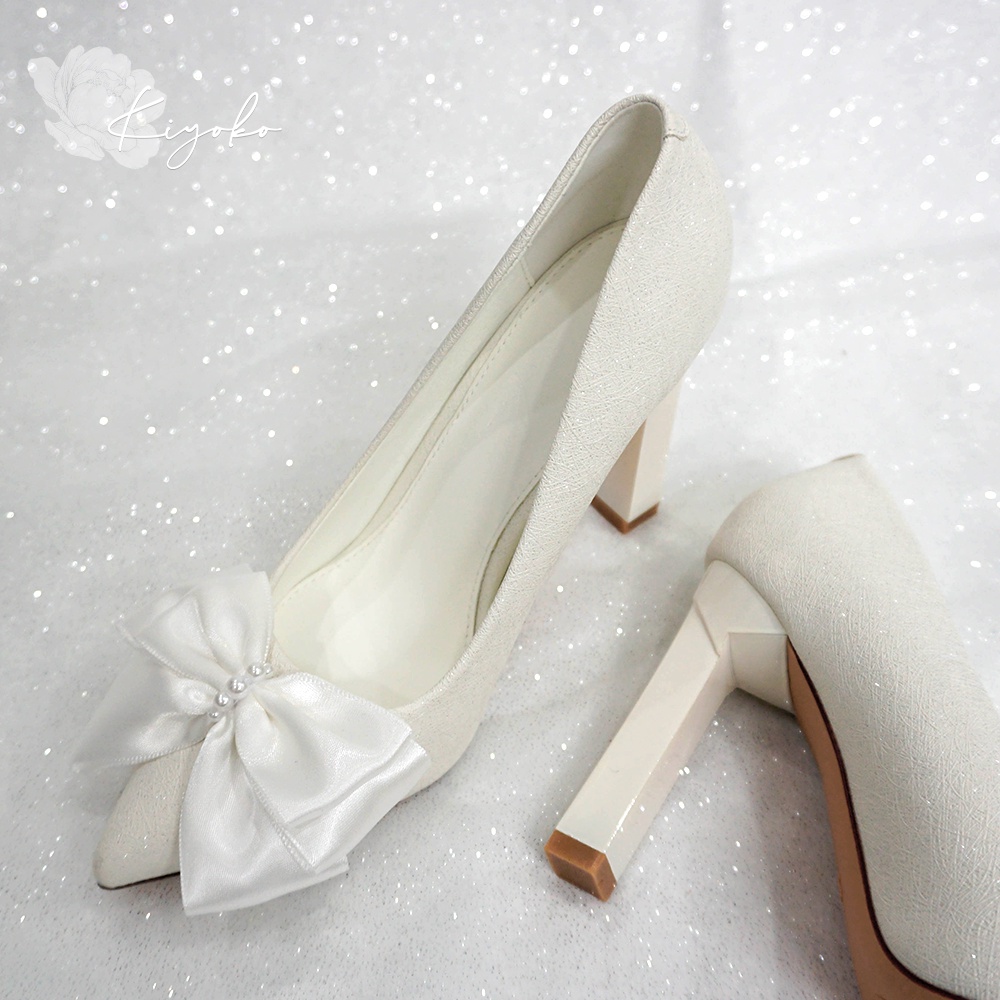 Giày cưới Kiyoko gót vuông đính nơ satin 3 tầng cao 10cm