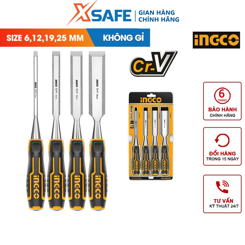 Bộ 4 đục gỗ cầm tay đầu dẹp INGCO HKTWC0401 thép Cr-V siêu cứng chống rỉ, điêu khắc, tiện gỗ đa năng [CHÍNH HÃNG][XSAFE]