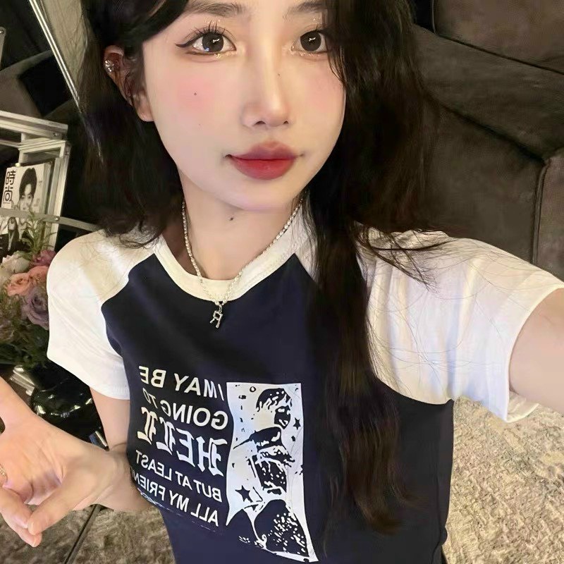 Áo thun nữ cổ tròn kiểu tay ngắn in họa thiết dáng croptop 40